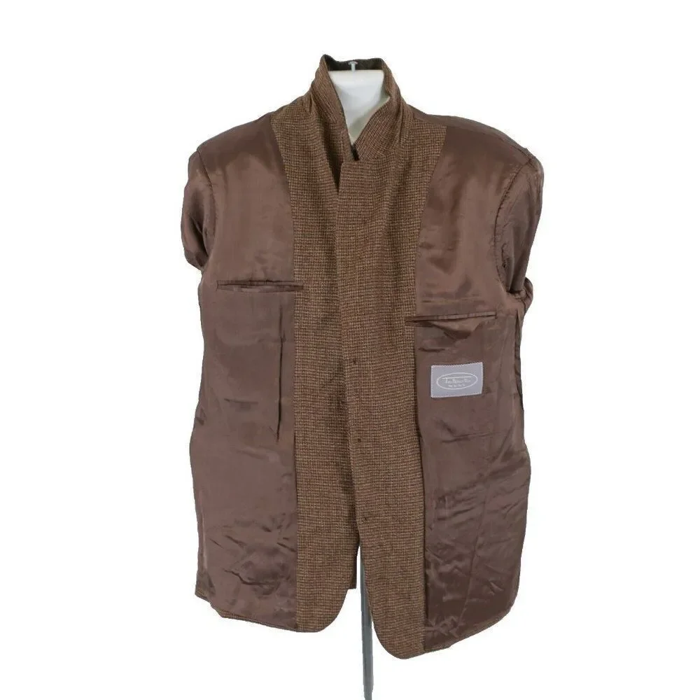 Talbots Men Brown Tan Gray Check‎ Tweed Wool 3 Button Sport Coat 42R